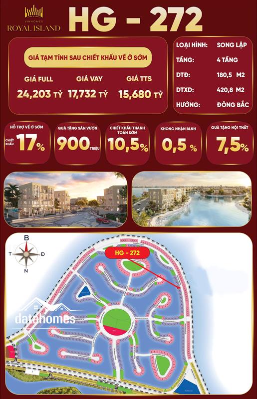 ROYAL ISLAND - HG-272: Biệt Thự Song Lập 4 Tầng View Sông Đẳng Cấp - Chiết Khấu Khủng Lên Đến 17% Cho Khách Hàng Về Ở Sớm!